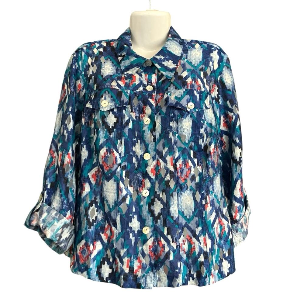 Ruby Rd. Favorites Women's Multicolor Button-Up 3/4 Roll Tab Sleeve Top SZ 16W